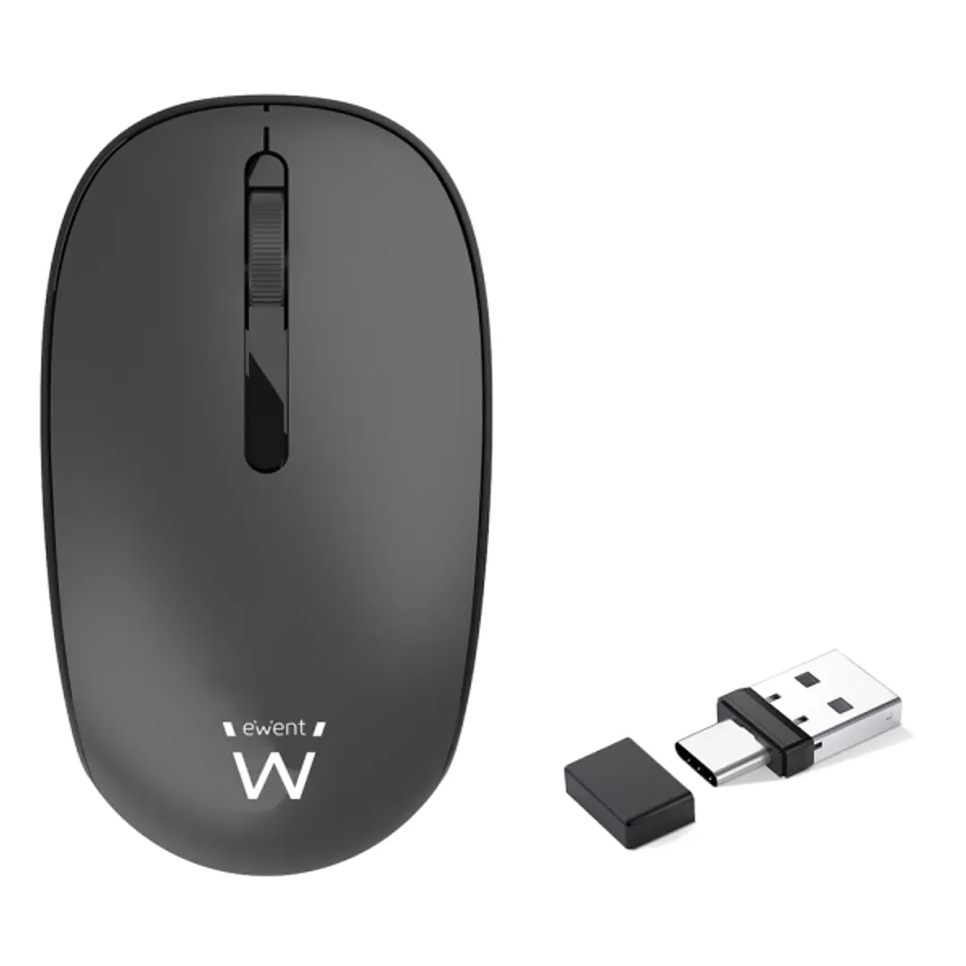 Ewent Raton Inalambrico - 1000dpi - Receptores USB-A y C de 2.4GHz- Bluetooth 5.1 - Clic Silencioso - 3 Botones - Pila AA Incluida - Color Negro 1