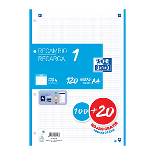 Oxford School Recambio A4 120 Hojas Cuadricula 5x5mm - 4 Taladros - Banda de Color Turquesa