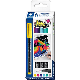 Staedtler Lumocolor 318 C6 Pack de 6 Rotuladores Permanentes - Trazo de 0.6mm Aprox - Secado Rapido - Colores Surtidos