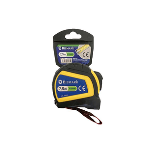 Bismark Flexometro 7.5m con Freno - Carcasa Reforzada Extra Fuerte de Goma - Cinta para Colgar - Color Negro/Amarillo