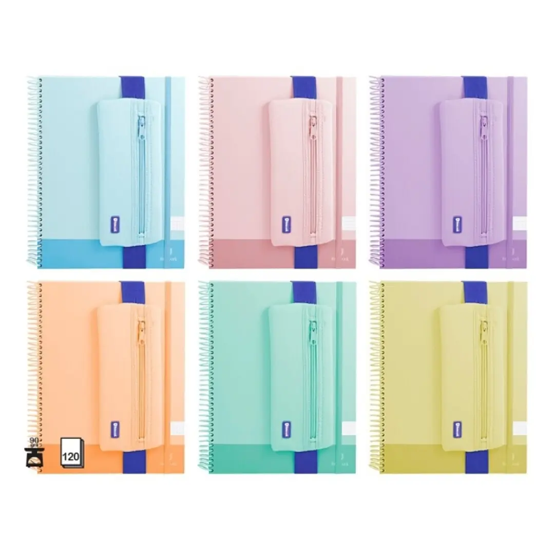 Bismark Pack de Cuaderno Espiral A4 120 Hojas 90grs Cuadricula 5x5 + Portatodo de Neopreno - Hojas Microperforadas - Colores Pastel Surtidos 1