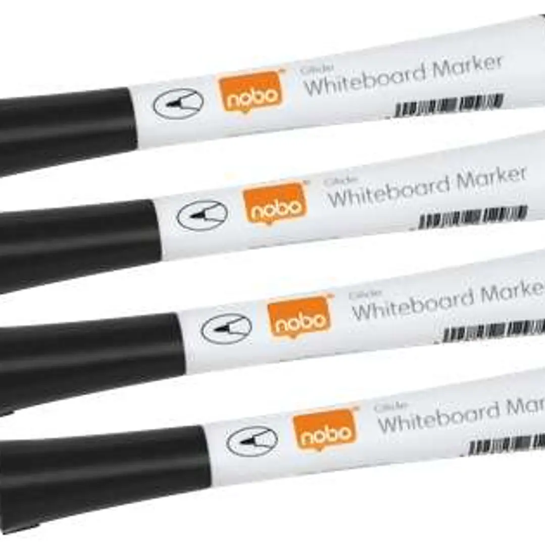 Nobo Gilde Pack de 4 Rotuladores para Pizarra Blanca - Punta Fina 1mm - Tinta con Poco Olor - Color Negro 1