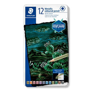 Staedtler 146M Caja Metalica con 12 Lapices de Colores Efecto Metalico - Mina Suave - Colores Surtidos