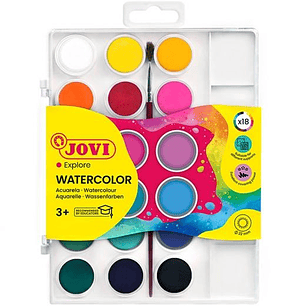 Jovi Pack de 18 Acuarelas en Pastilla 22mm + Pincel - Brillantes - Facilmente Mezclables - Colores Surtidos