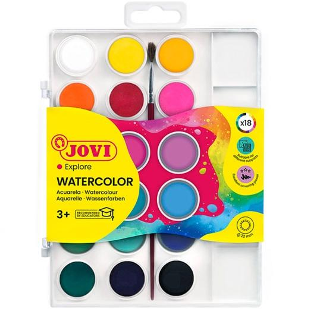 Jovi Pack de 18 Acuarelas en Pastilla 22mm + Pincel - Brillantes - Facilmente Mezclables - Colores Surtidos 1