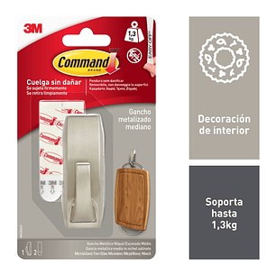 Command Gancho Metalico Mediano - Estilo Moderno - 2 Tiras Adhesivas - Soporta hasta 1.3kg - Color Niquel Pulido
