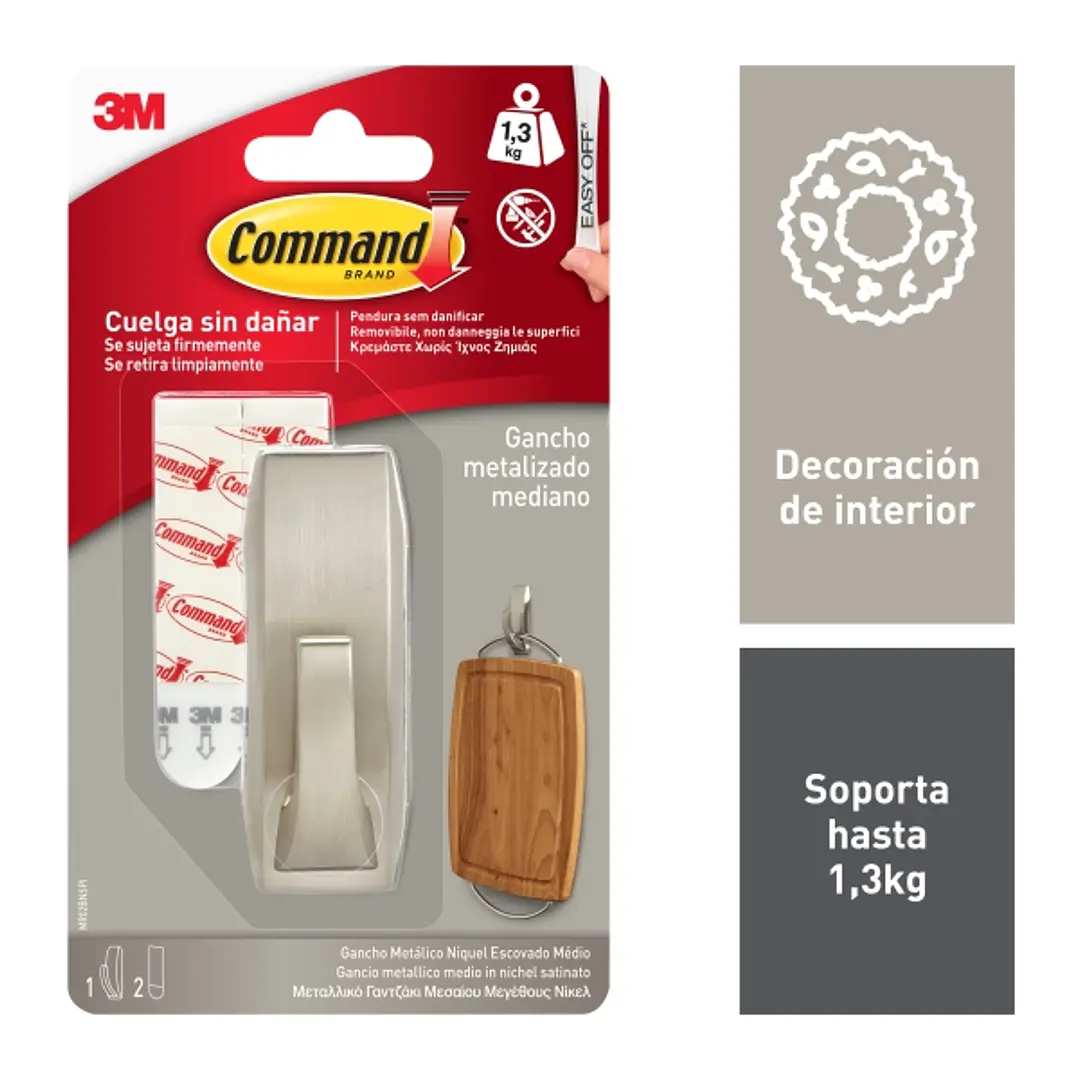 Command Gancho Metalico Mediano - Estilo Moderno - 2 Tiras Adhesivas - Soporta hasta 1.3kg - Color Niquel Pulido 1