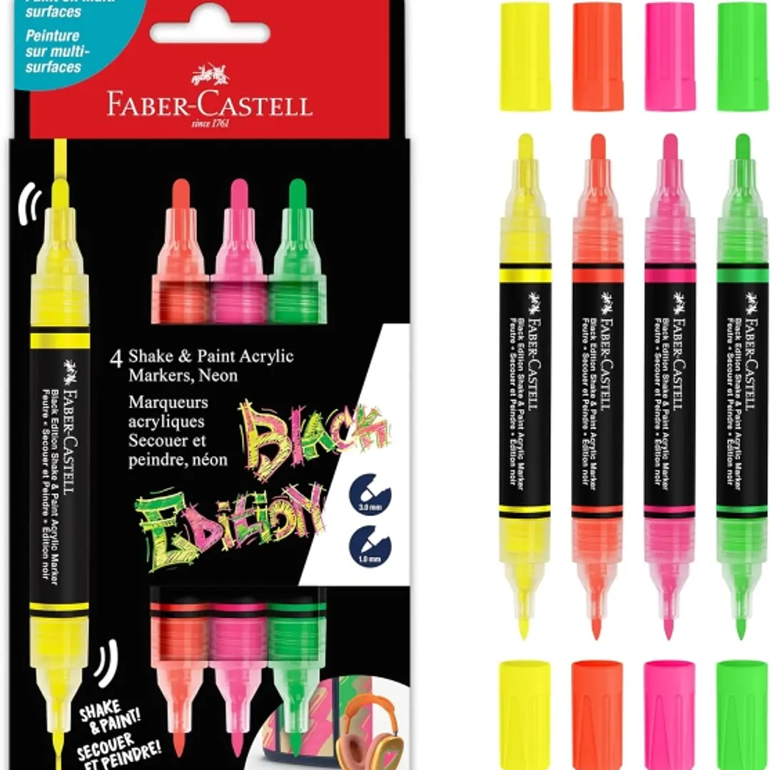 Faber-Castell Shake & Paint Black Edition Pack de 4 Rotuladores Acrilicos Doble Punta - Puntas Redondas de 1mm y 3mm - Tinta Acrilica al Agua - Colore 1
