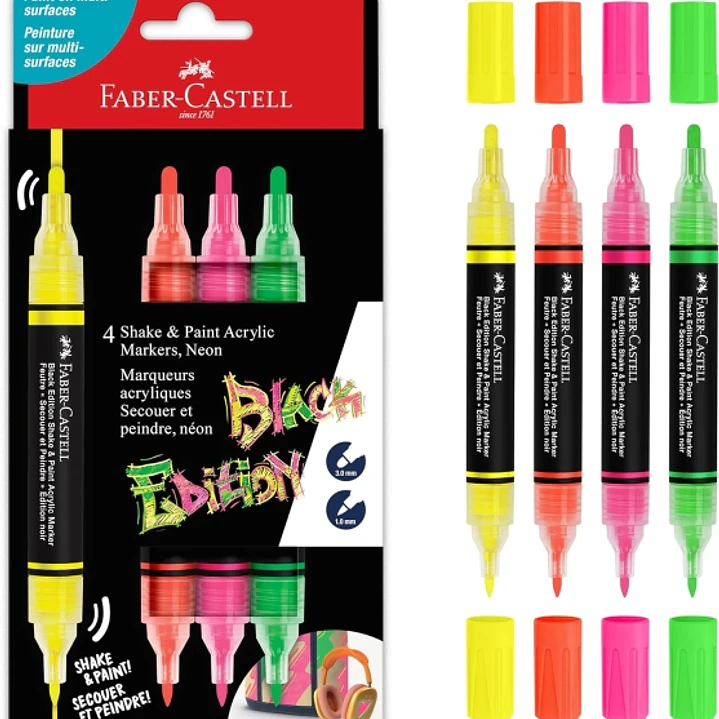 Faber-Castell Shake & Paint Black Edition Pack de 4 Rotuladores Acrilicos Doble Punta - Puntas Redondas de 1mm y 3mm - Tinta Acrilica al Agua - Colore 1