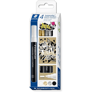 Staedtler Lumocolor 349 Pack con 4 Marcadores Acrilicos Permanentes - Trazo 2.4 mm aprox. - Tinta Base de Agua - Colores Surtidos
