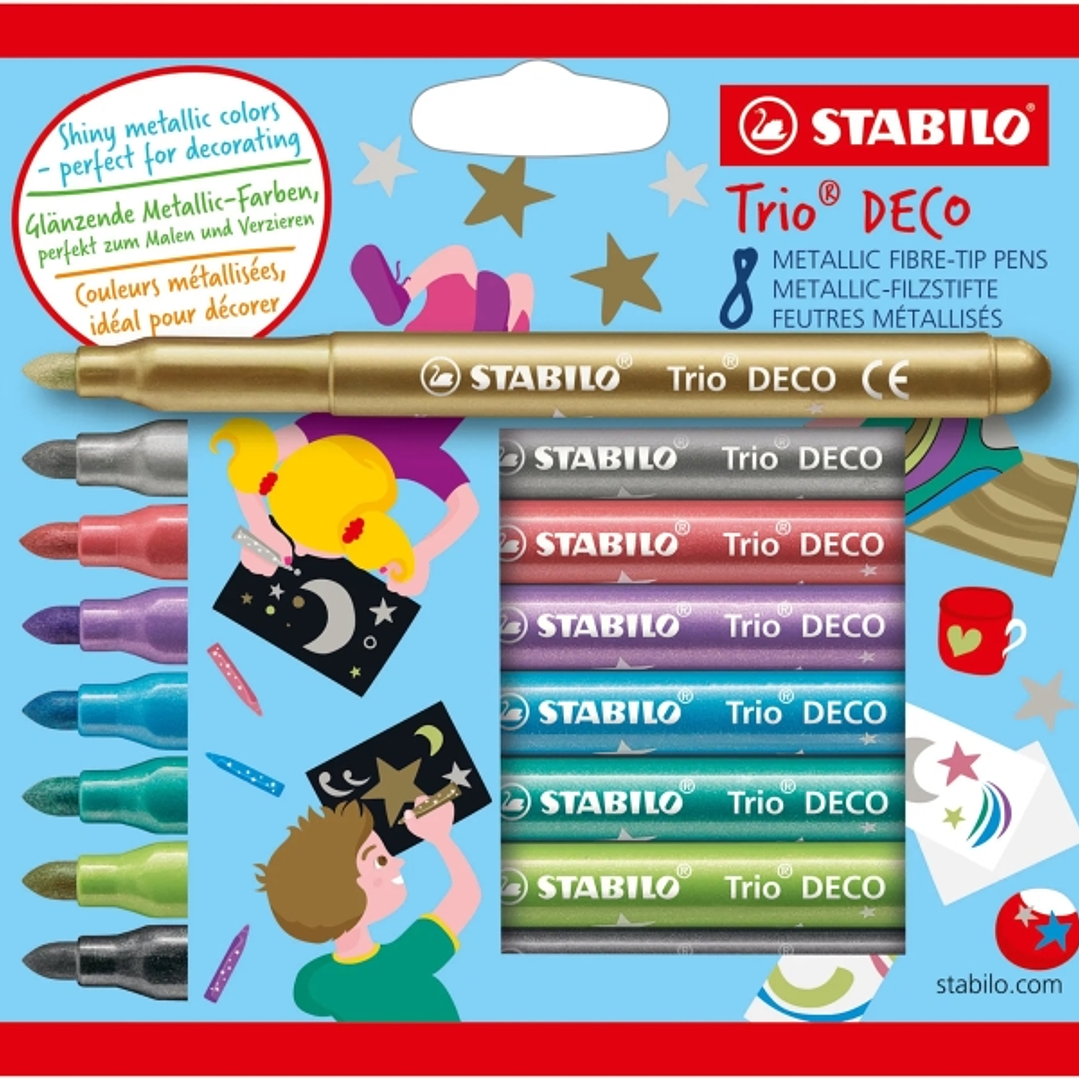 Stabilo Trio Deco Pack con 8 Rotuladores de Punta XL - Trazo 3mm - Zona de Agarre Triangular - Colores Metalicos Brillantes Surtidos 1