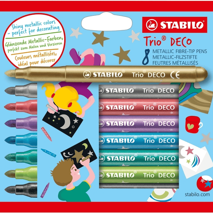 Stabilo Trio Deco Pack con 8 Rotuladores de Punta XL - Trazo 3mm - Zona de Agarre Triangular - Colores Metalicos Brillantes Surtidos 1