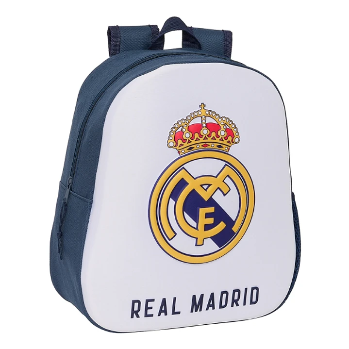 Safta Real Madrid Mochila 3D - Asa de Mano - Portabotellas Lateral - 27x33x10cm - Color Blanco/Negro 1