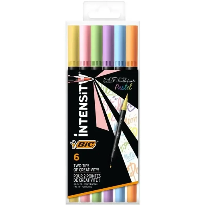 Bic Intensity Dual Tip Pastel Pack de 6 Rotuladores Doble Punta - Punta de Pincel + Punta Fina - Tinta con Base de Agua - Colores Pastel Surtidos 1