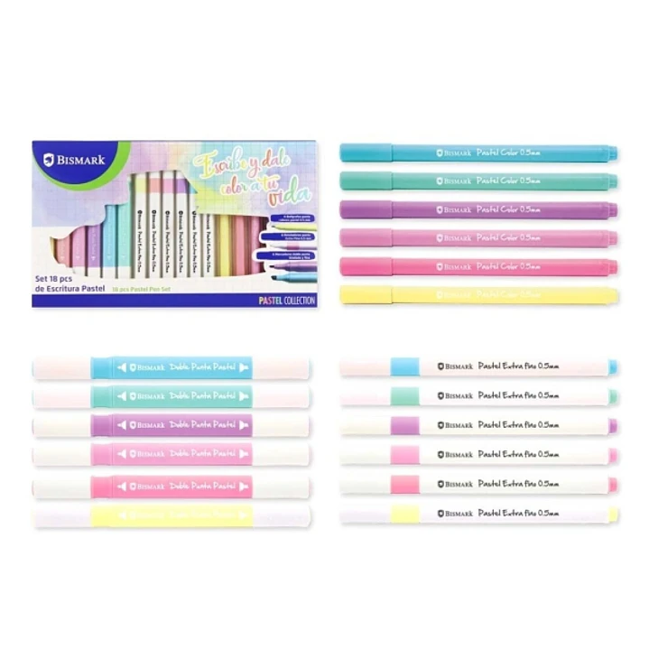 Bismark Pastel Pack Escolar de Escritura con 6 Marcadores Doble Punta Biselada 4mm y Fina 1mm, 6 Rotuladores Punta Fina 0.5mm y 6 Boligrafos Punta Col 1