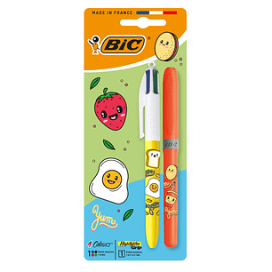 Bic 4 Colours Decors Kawaii Pack con 1 Boligrafo de Bola Retractil + 1 Marcador Highlighter Grip Fluor de Color Aleatorio - Punta Media de 1.0mm - Tin