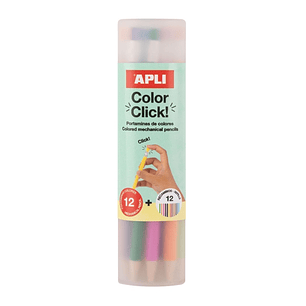 Apli Color Clik Pack de 12 Portaminas con Minas de Colores 2.6mm + 12 Recambios + 1 Sacapuntas - Forma Redonda - Colores Surtidos