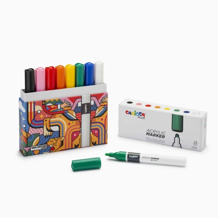 Carioca Plus Pack de 8 Marcadores Acrilicos en Caja Rigida - Punta 2mm - Tinta Acrilica Super Pigmentada - Colores Surtidos 1