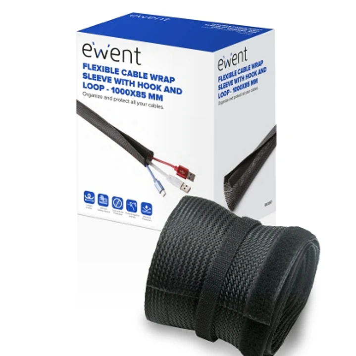 Ewent Manguito Organizador de Cable Polyester - Cierre de Velcro - 1m - 85mm - Color Negro 1