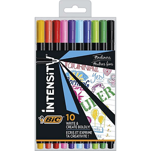 Bic Intensity Fine Pack de 10 Rotuladores - Punta Fina de 0.8mm - Trazo de 0.4mm - Tinta con Base de Agua - Colores Surtidos