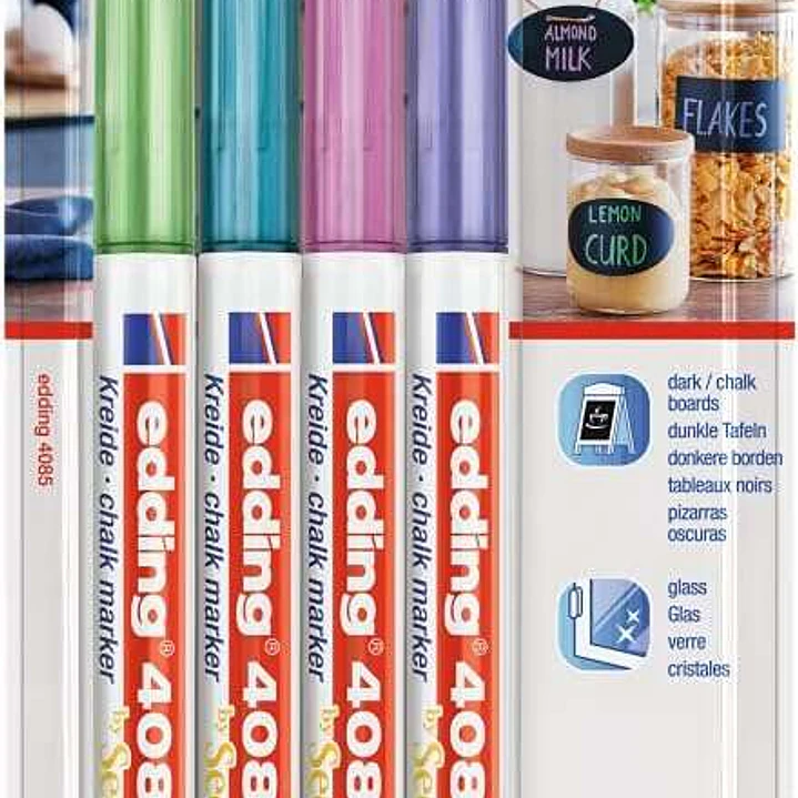 Edding 4085 Metalicos Pack de 4 Rotuladores de Tiza Liquida - Punta Redonda - Trazo 1-3mm - Olor Neutro - Colores Azul, Verde, Violeta y Rosa Metalico 1