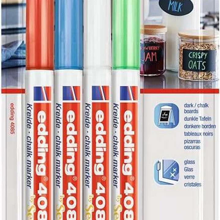 Edding 4085 Basicos Pack de 4 Rotuladores de Tiza Liquida - Punta Redonda - Trazo 1-3mm - Olor Neutro - Colores Blanco, Azul, Verde y Rojo 1