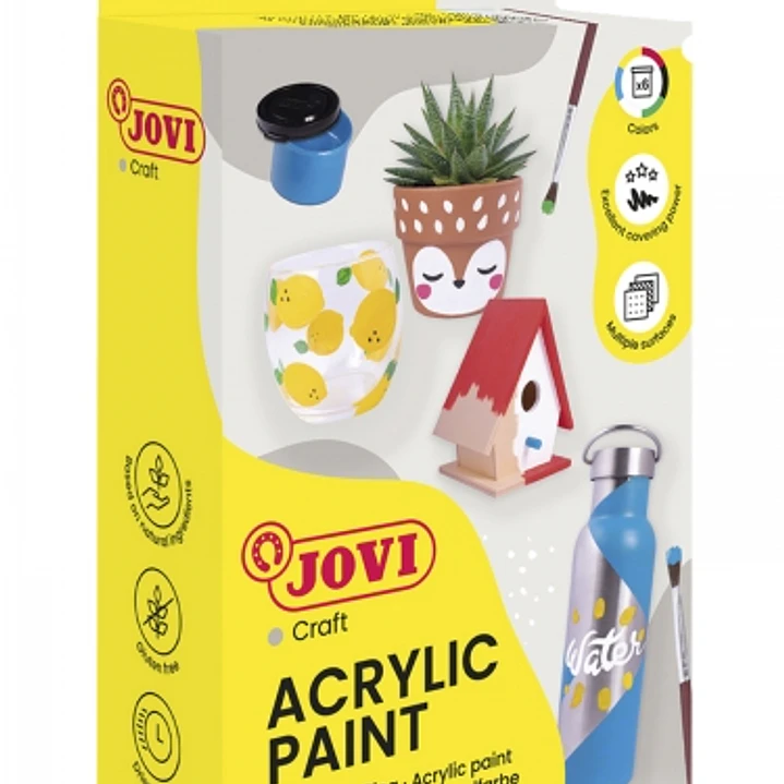 Jovi Pintura Acrilica Estuche con 6 Botes + Pincel - Acabado Satinado - Alto Poder Cubriente - Aplicacion Facil - Resistente al Agua y Jabon - Color S 1