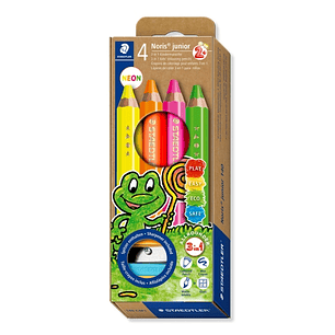 Staedtler Noris Junior Pack de 4 Lapices de Colores Extragruesos + Sacapuntas - 3 en 1, Lapiz, Cera y Acuarelable - Colores Surtidos