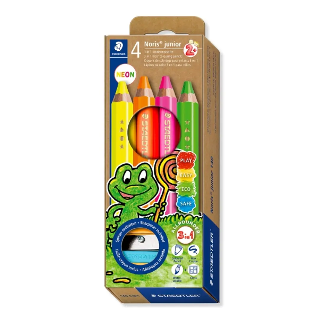 Staedtler Noris Junior Pack de 4 Lapices de Colores Extragruesos + Sacapuntas - 3 en 1, Lapiz, Cera y Acuarelable - Colores Surtidos 1
