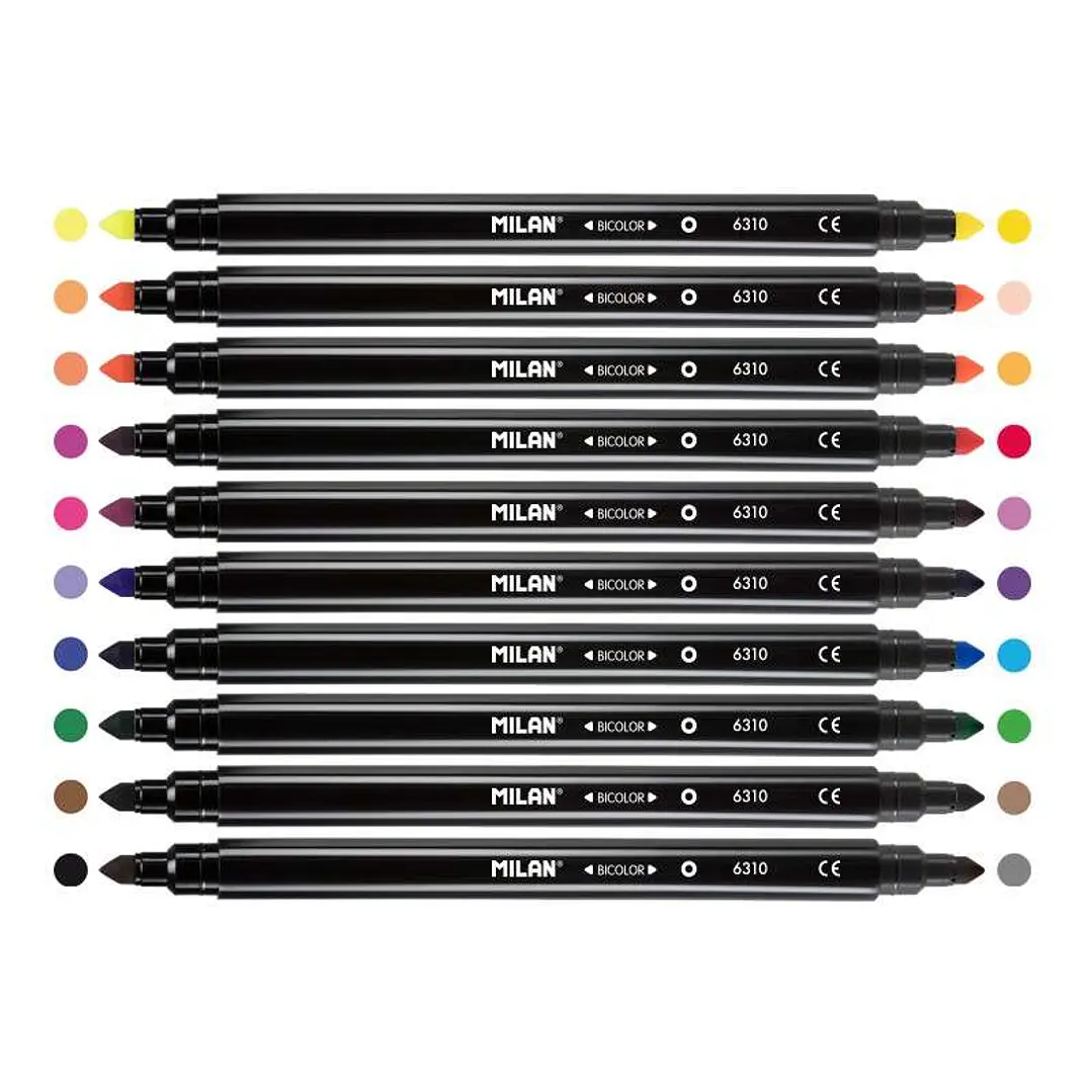 Milan Pack de 10 Rotuladores Bicolor Doble Punta - Punta Conica 5mm - Tinta al Agua - Lavable - Colores Surtidos 1
