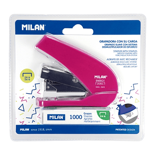 Milan Acid Energy Saving Grapadora Compacta - 1000 Grapas Incluidas - hasta 20 Hojas - Grapas 24/6 y 26/6 - Color Rosa