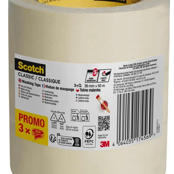 Scotch Classic Cinta de Enmascarar - 36mm x 50m - 70% PEFC - Color Blanco 1