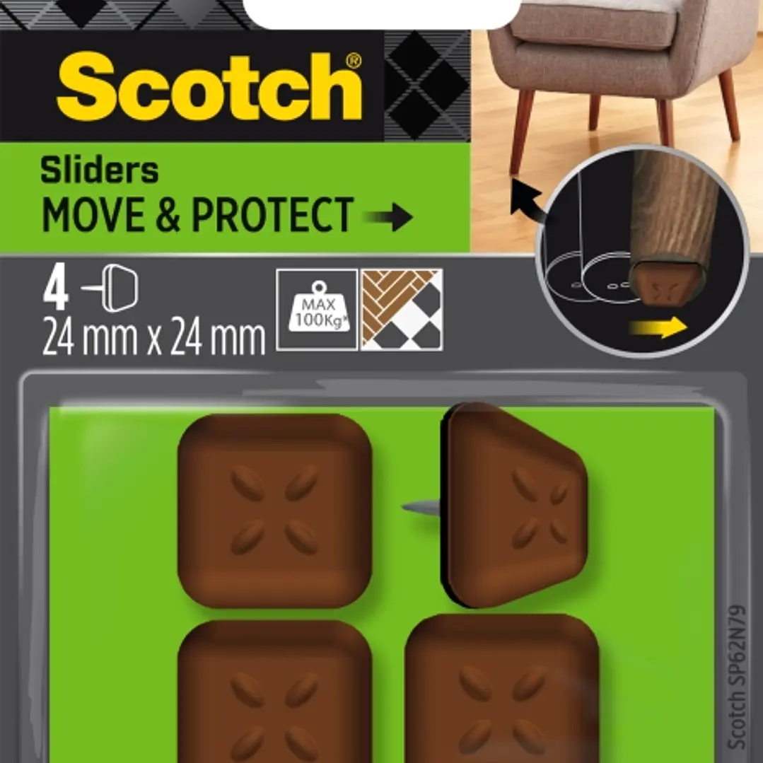 Scotch Move and Protect Pack de 4 Patines Deslizantes con Clavo - 24x24mm - Soporta hasta 100kg - Color Marron 1