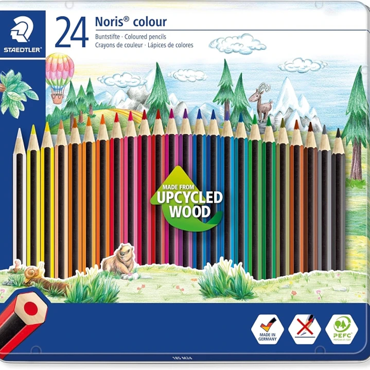 Staedtler Noris Colour 185 Caja Metalica con 24 Lapices Hexagonales de Colores - Fabricados en Wopex - Muy Resistentes - Madera de Fuentes Sostenibles 1