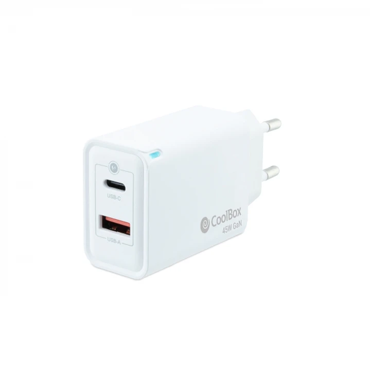 Coolbox Cargador de Pared 45W QC3.0 + PD - USB-A + USB-C - Carga Rapida - Tecnología GaN - Color Blanco 1