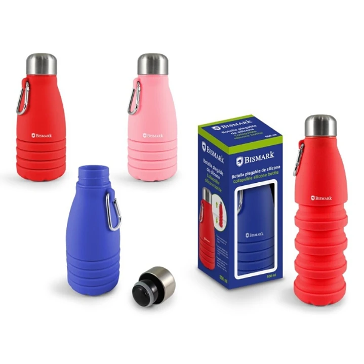 Bismark Botella de Silicona Plegable 550ml - Tapon de Acero Inoxidable - Mosqueton de Transporte - Colores Rosa, Rojo y Azul 1
