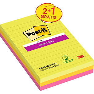 Post-It Super Sticky Pack de 3 Blocs de 75 Notas Adhesivas Reposicionables - Forma Rectangular - 101x152mm - Colores Surtidos