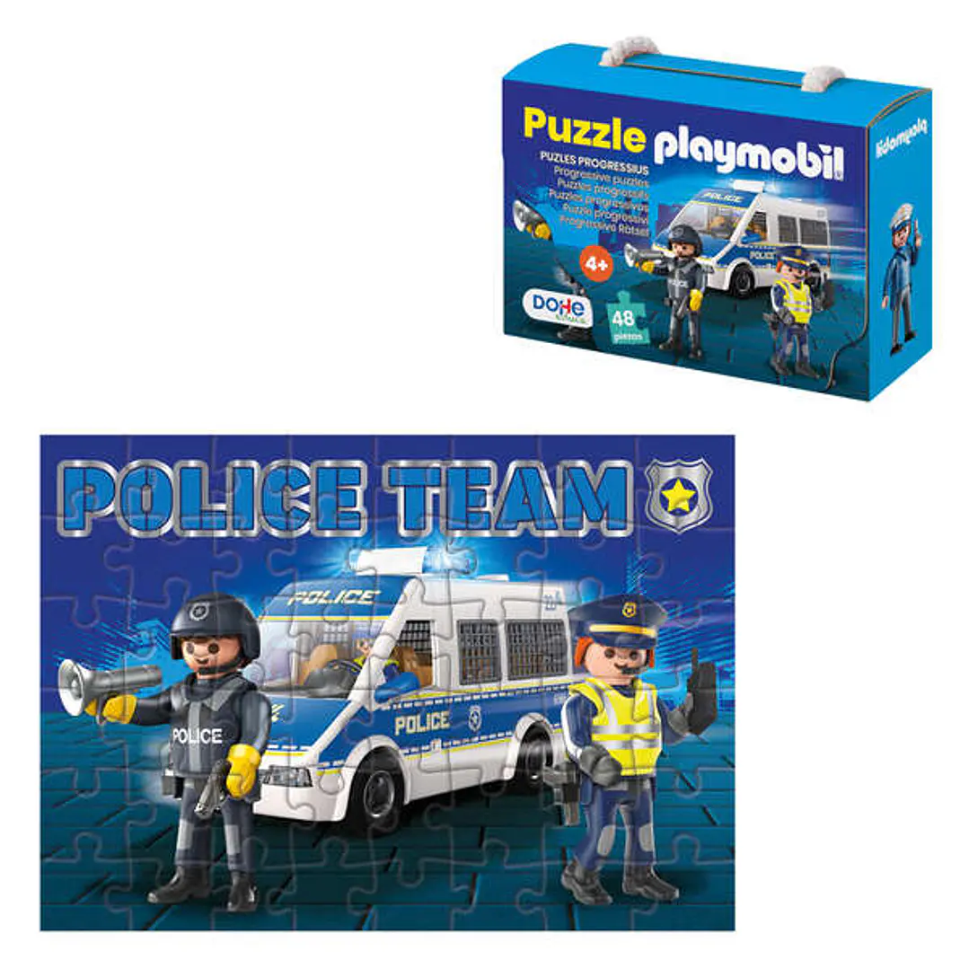 Dohe Playmobil Puzzle para Niños de 48 Piezas - Tematica Policia - Doble Capa de Carton - Capa Intermedia de Contrachapado - Estimula Imaginacion y Ra 1