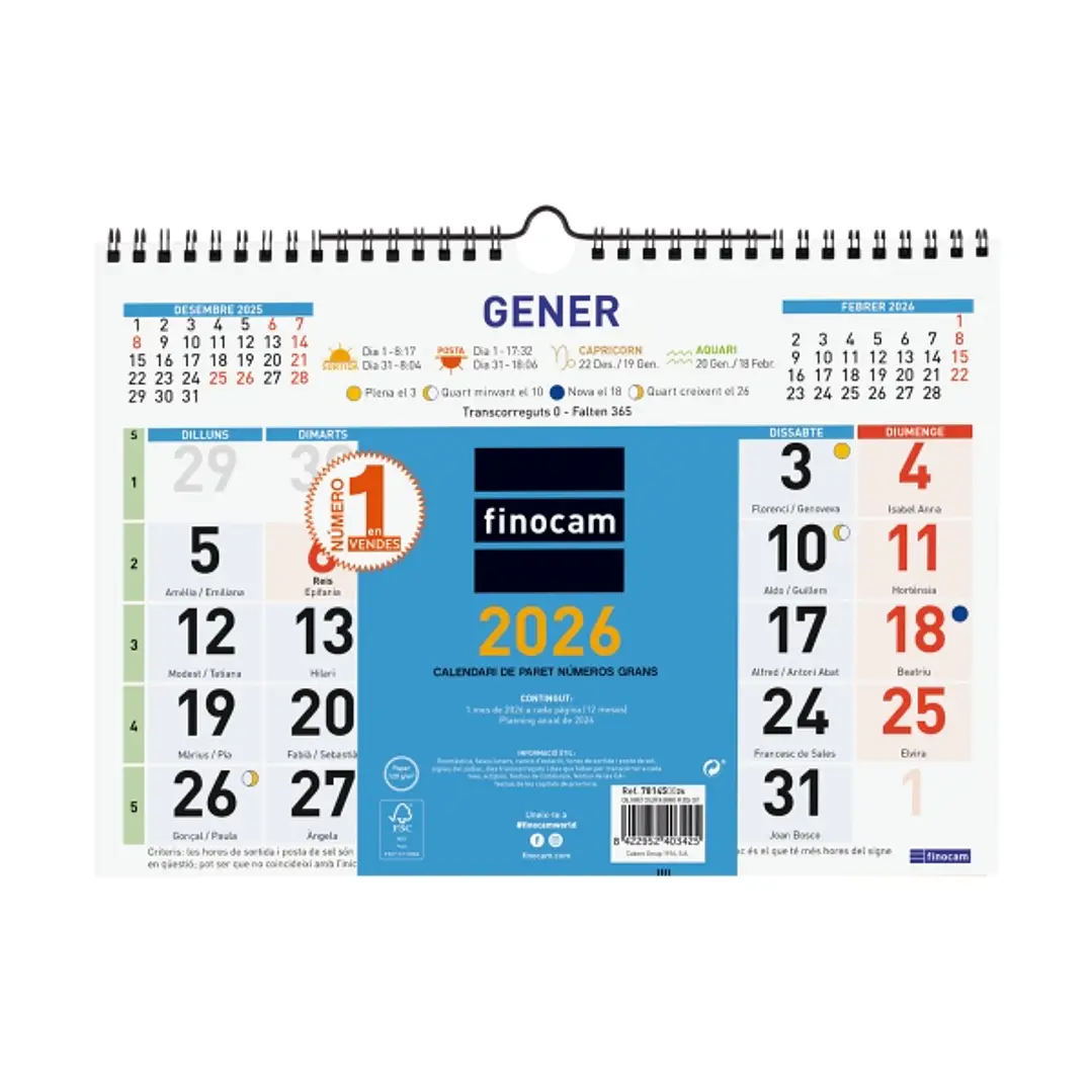 Finocam Calendario de Pared en Catalan - Anual 2026 - Formato M - 300x10x220mm - Numeros Grandes - Color Azul y Blanco 1