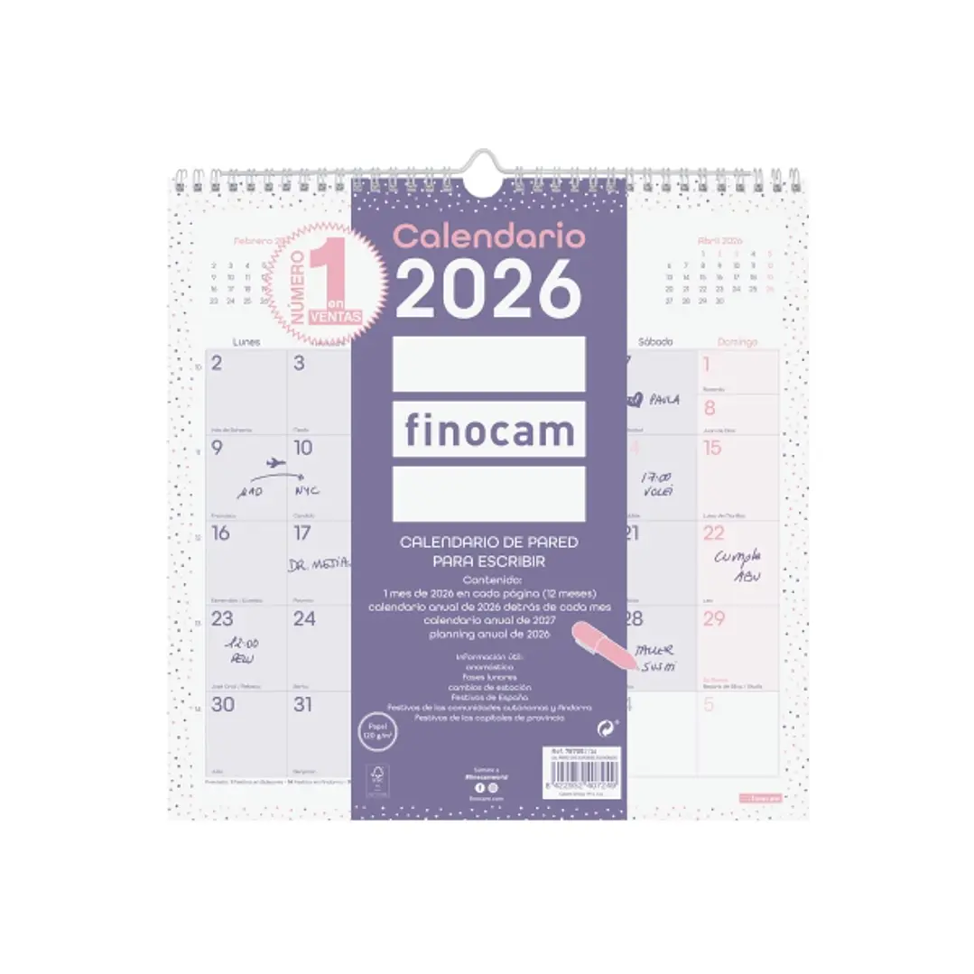 Finocam Chic Calendario de Pared - Anual 2026 - 300x5x310mm - Espacio para Escribir - Color Morado 1