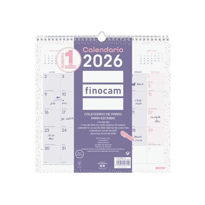 Finocam Chic Calendario de Pared - Anual 2026 - 300x5x310mm - Espacio para Escribir - Color Morado 1