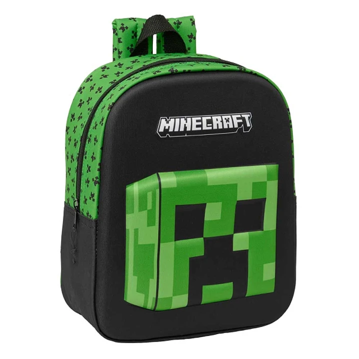 Safta Minecraft Mochila Guarderia 3D de 6L - Asa de Mano Superior - Asas Regulables y Acolchadas - Cierre de Cremallera - 22x27x10cm - Color Verde y N 1