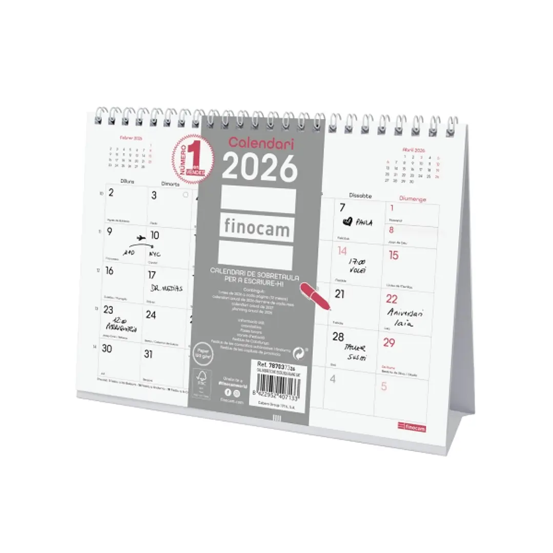 Finocam Chic Calendario de Sobremesa en Catalan - Anual 2026 - 210x70x155mm - Espacio para Escribir - Color Blanco 1