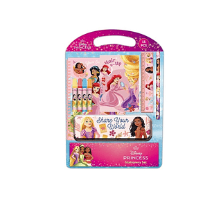 Safta Princesas Disney Bloom Pack Escolar con Plumier Metalico - Lapiz - 4 Rotuladores - Regla 15cm - Sacapuntas - Goma - Libreta A4 - Bloc de Notas A