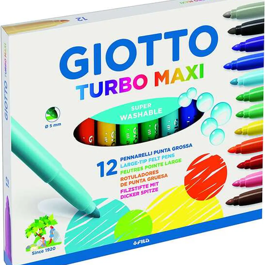 Giotto Turbo Maxi Pack de 12 Rotuladores - Punta Gruesa  5mm - Tinta al Agua - Lavable - Colores Surtidos 1