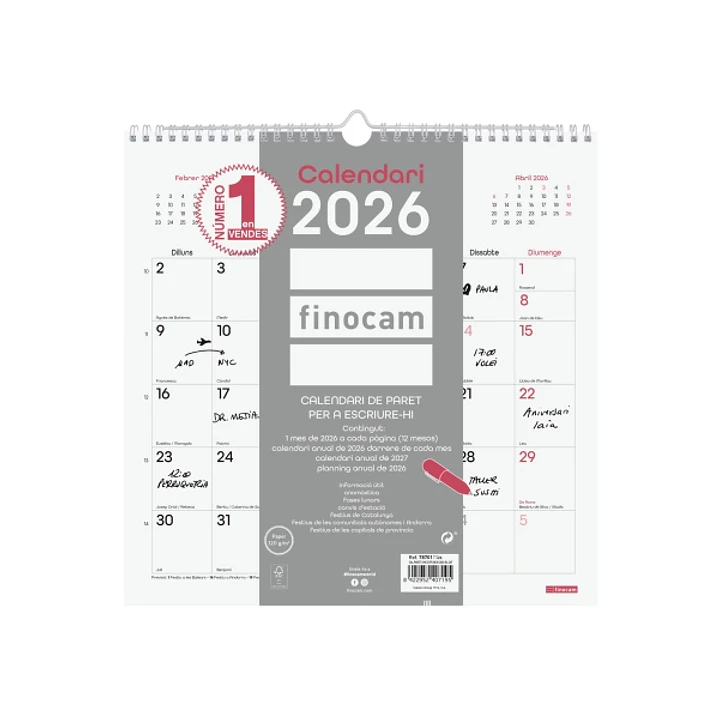 Finocam Chic Calendario de Pared en Catalan - Anual 2026 - 300x5x310mm - Espacio para Escribir - Color Blanco 1