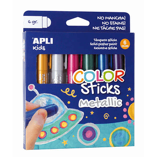 Apli Color Sticks Temperas Solidas - Pack de 6 Unidades de 6g en Colores Metalizados - Acabado Satinado sin Necesidad de Barniz - Secado Rapido en Men