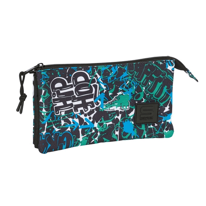 Safta Graffiti Go Portatodo - 3 Compartimentos con Cremalleras - Bolsillo Interior - 0.60L - 220x30x120mm - Color Azul Oscuro 1