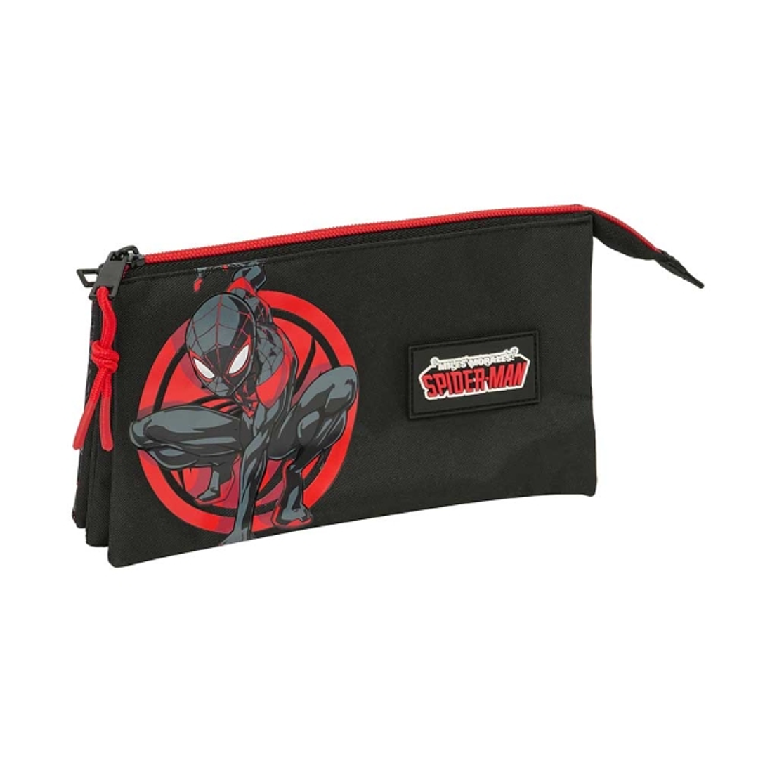 Safta Miles Morales Portatodo - 3 Compartimentos con Cremalleras - Bolsillo Interior - 0.6L - 220x30x120mm - Color Negro y Rojo 1