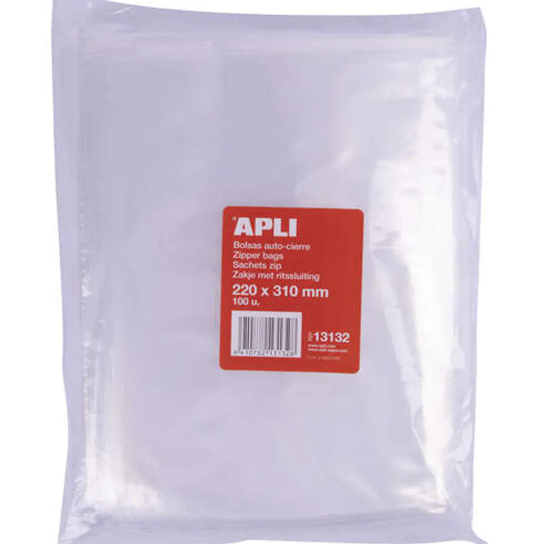 Apli Pack de 100 Bolsas Zip Auto Cierre Transparentes 220x310mm - Material LDPE - Cierre Seguro y Facil Manipulacion - Aptas para Uso Alimenticio 1